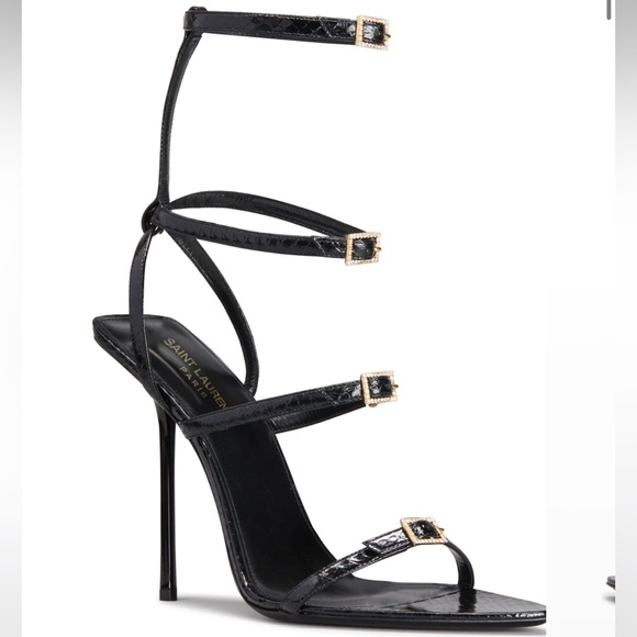 Saint Laurent Shoes - Saint Laurent "Giqua" Snakeskin Sandals with Crystal Trim 110MM
